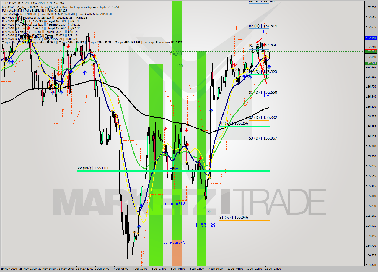 USDJPY MultiTimeframe analysis at date 2024.06.11 17:13
