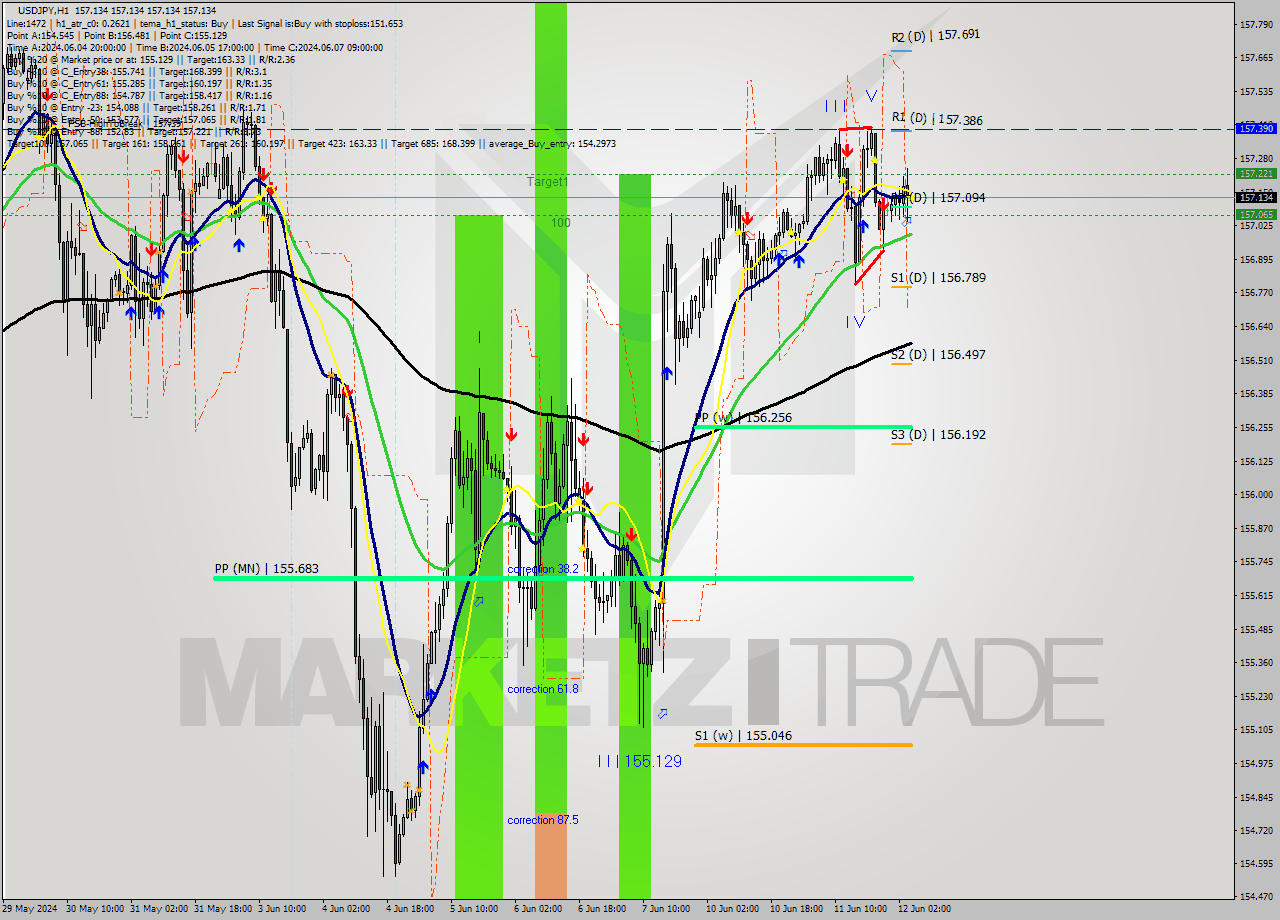 USDJPY MultiTimeframe analysis at date 2024.06.12 05:00